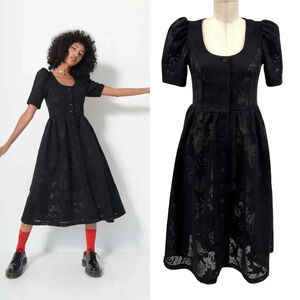 Kurt Lyle Malia Dress‎ Black Lace Puff Sleeve Button Front Size Small